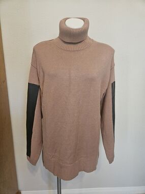 Venus Taupe Turtleneck Sweater with Black Arm Panels